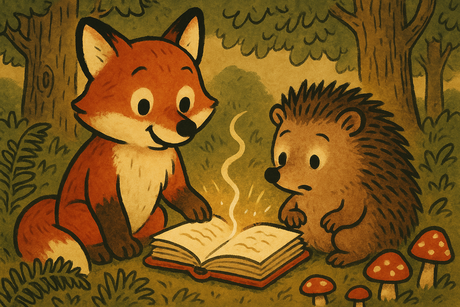 Two forest animals gathered around a glowing notebook that appears to be writing itself
