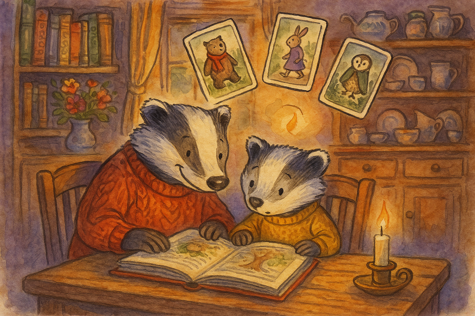 A parent and child badger reading a storybook together with three story-mode cards floating above them