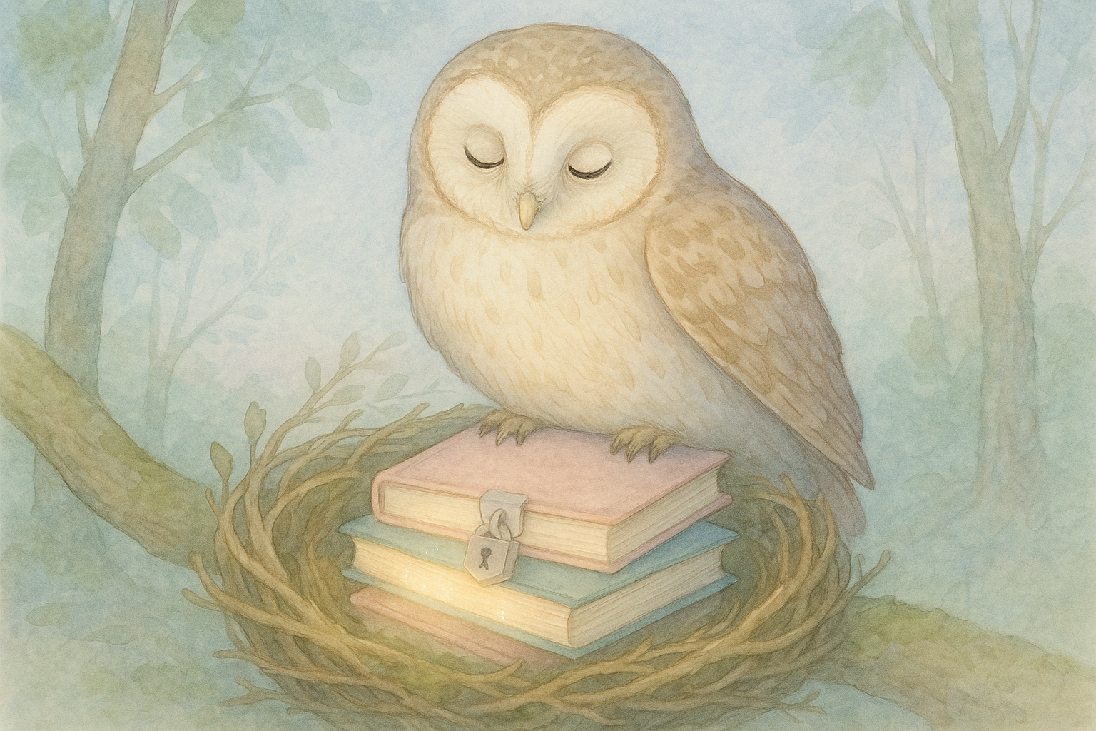 A gentle owl perched protectively over a nest of softly glowing storybooks with a silver lock visible