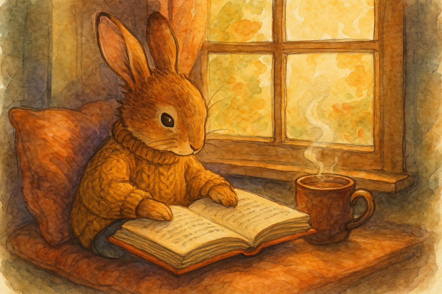 A young rabbit in a knitted sweater reading a storybook in a sunlit window seat